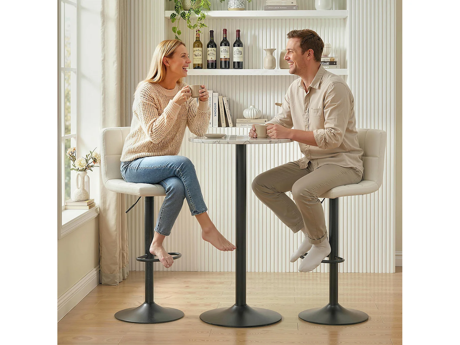 Set 2 sgabelli bar con poggiapiedi 39.5x44x88-110 cm crema
