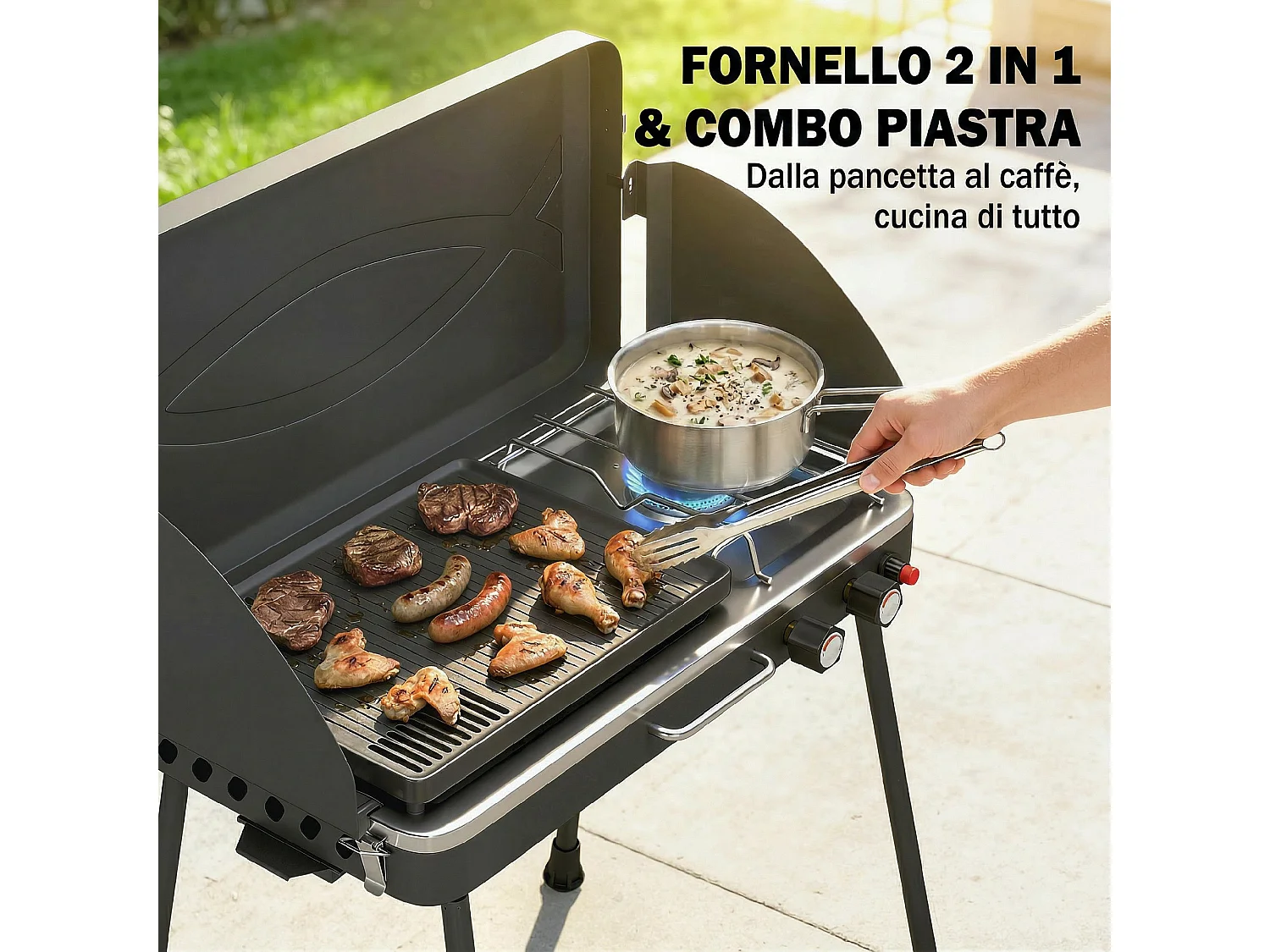 Griglia e fornello portatile da campeggio in metallo nero