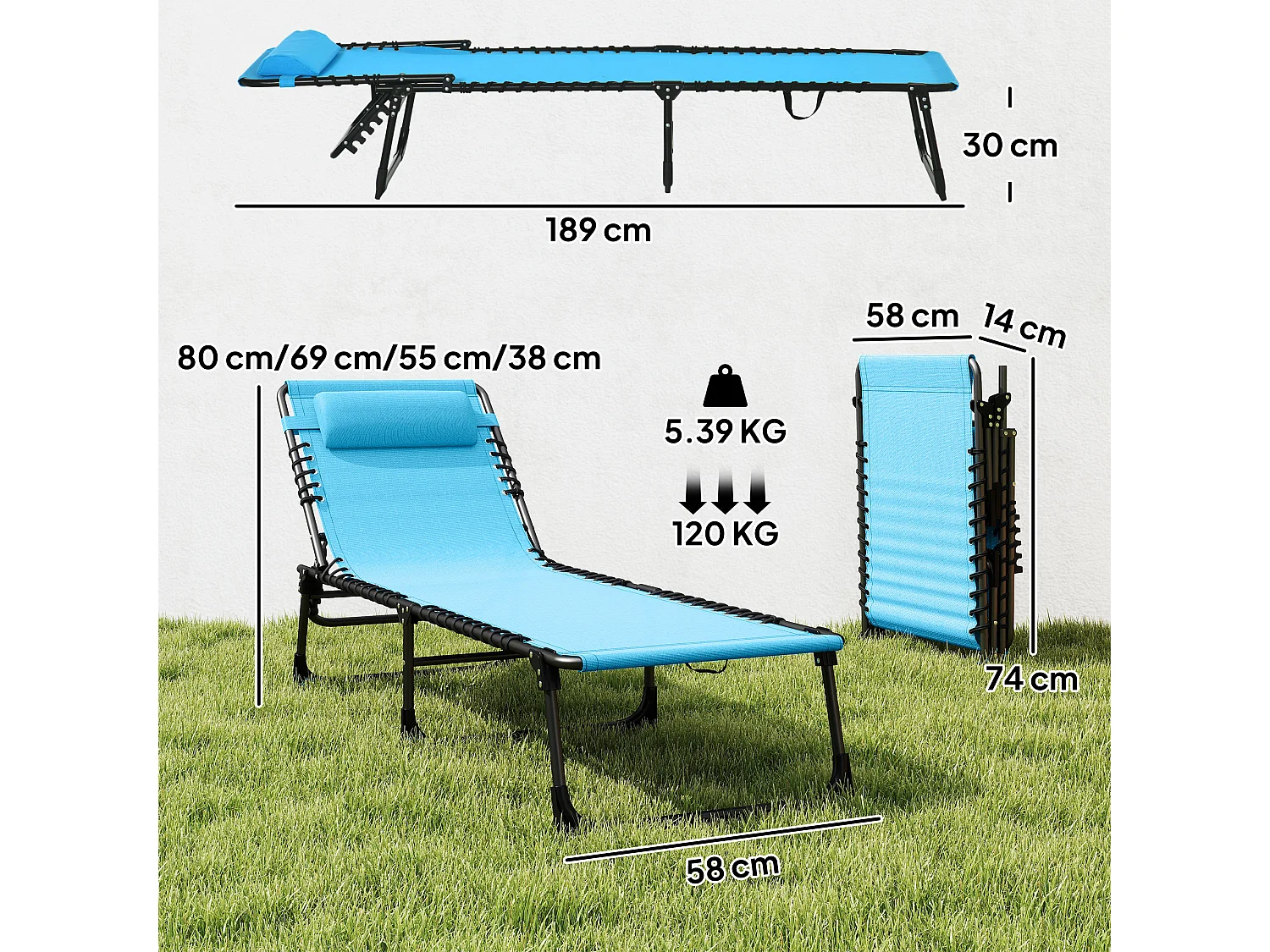 Lettino prendisole con schienale reclinabile a 4 livelli blu