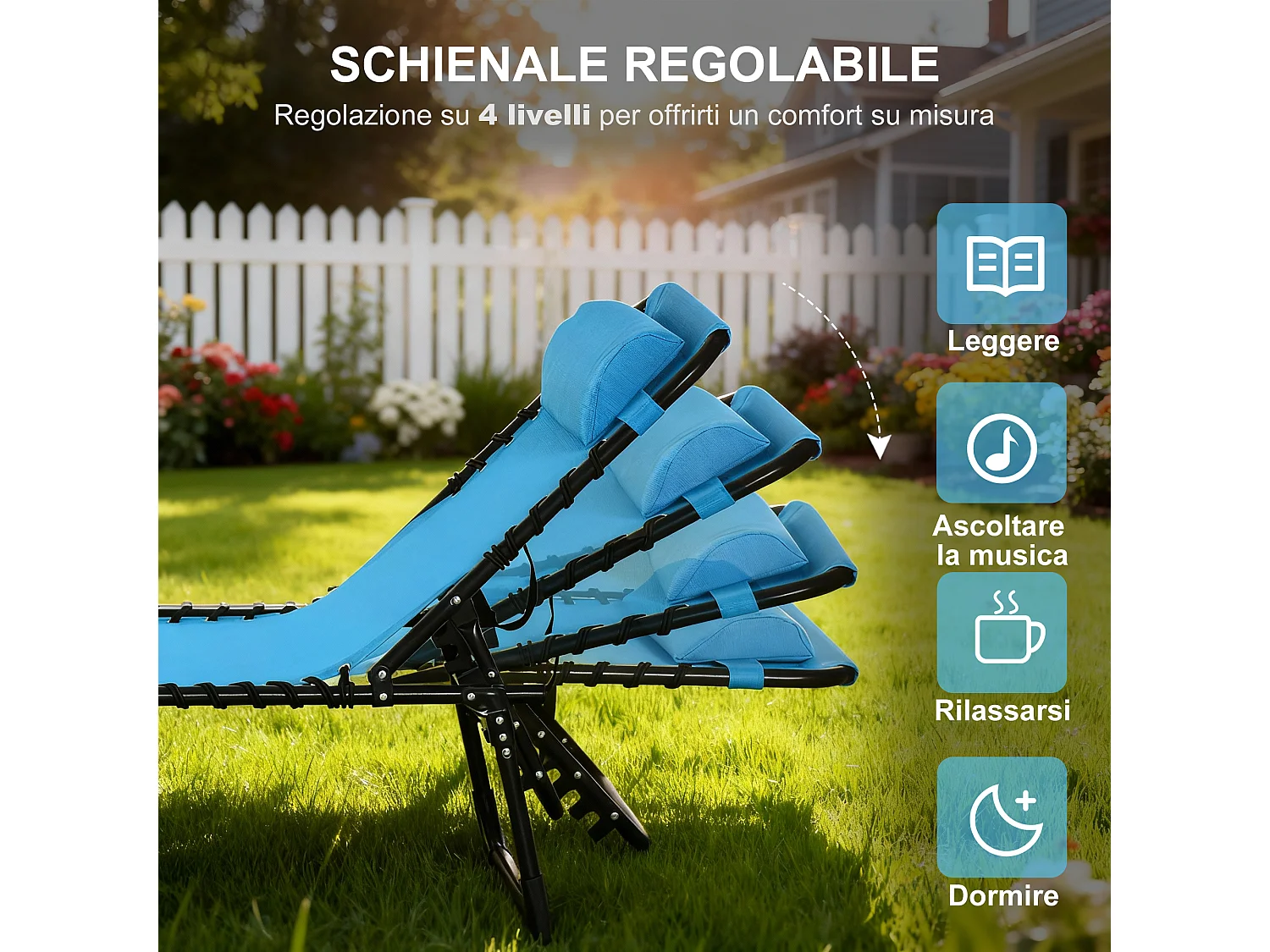 Lettino prendisole con schienale reclinabile a 4 livelli blu