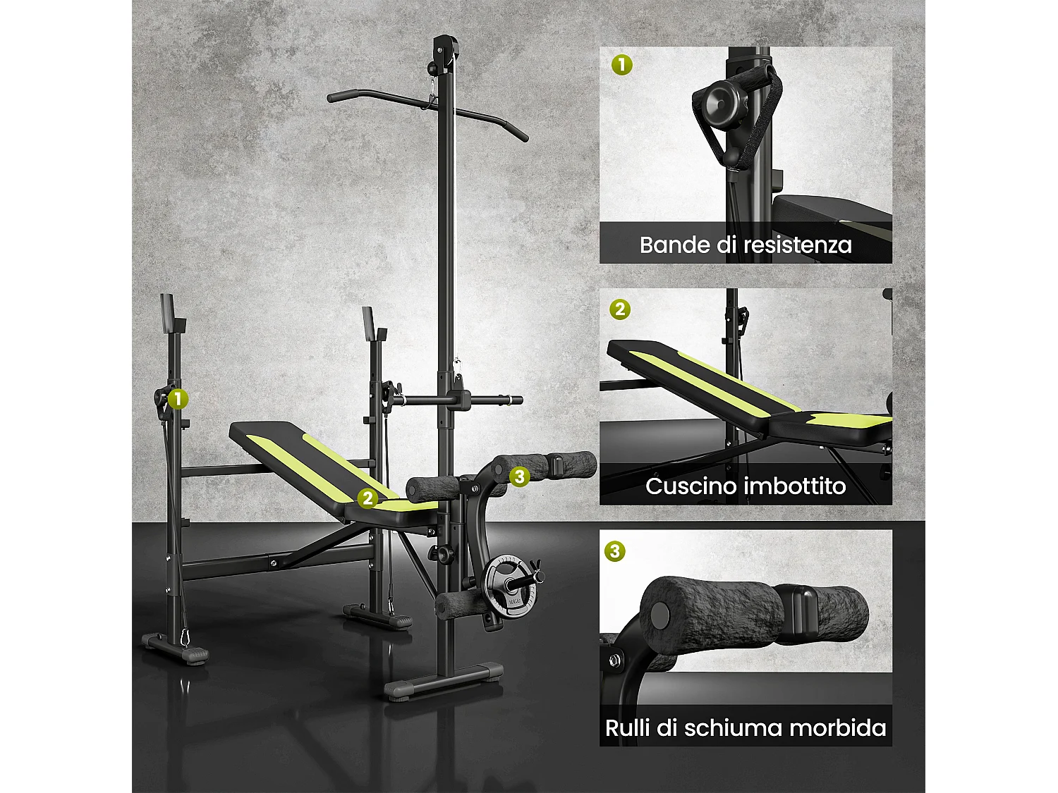 HOMCOM Panca Multifunzione Schienale 3 Livelli Supporto Gambe e Barra