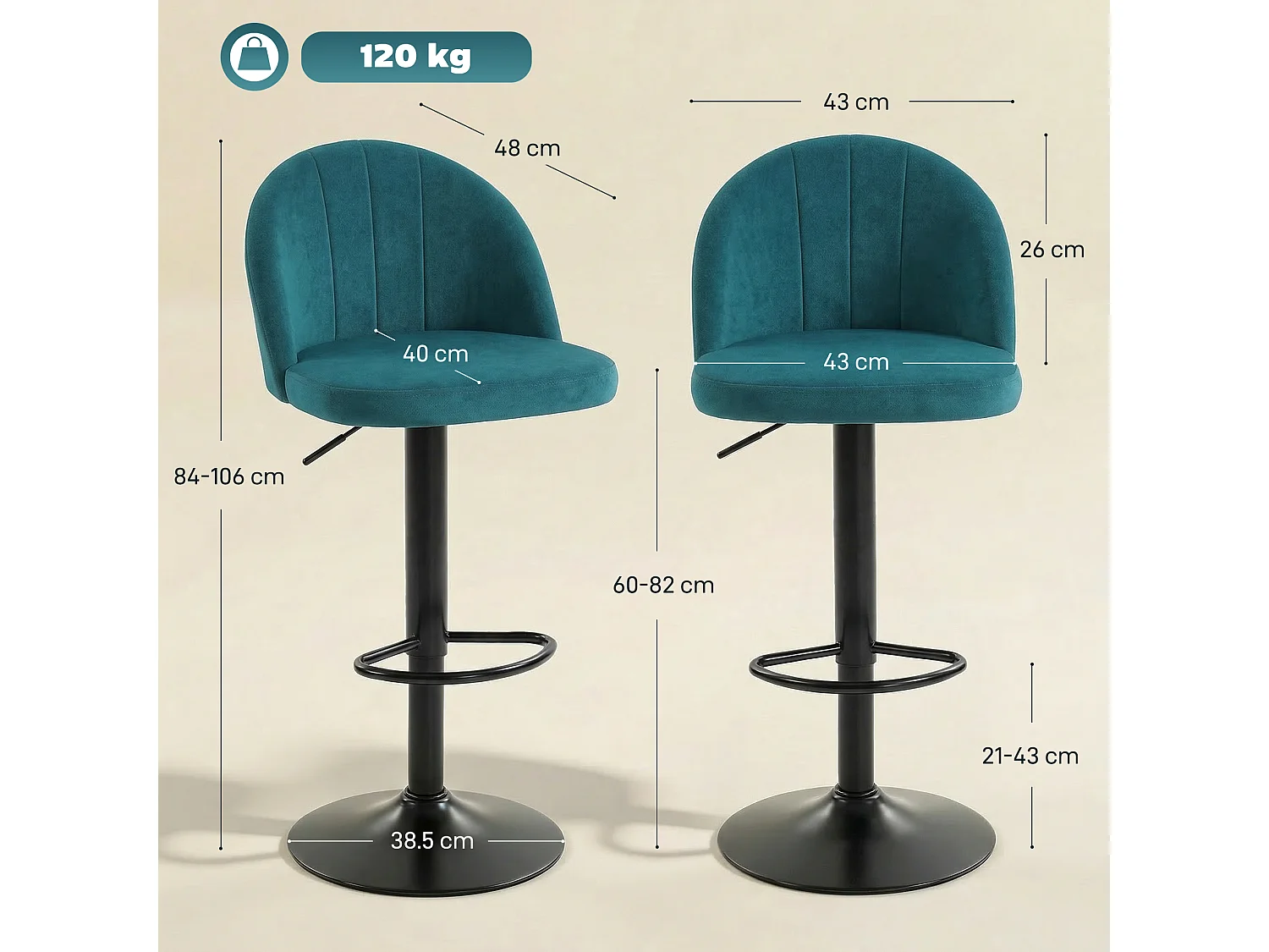 Set di 2 sgabelli bar girevoli velluto blu