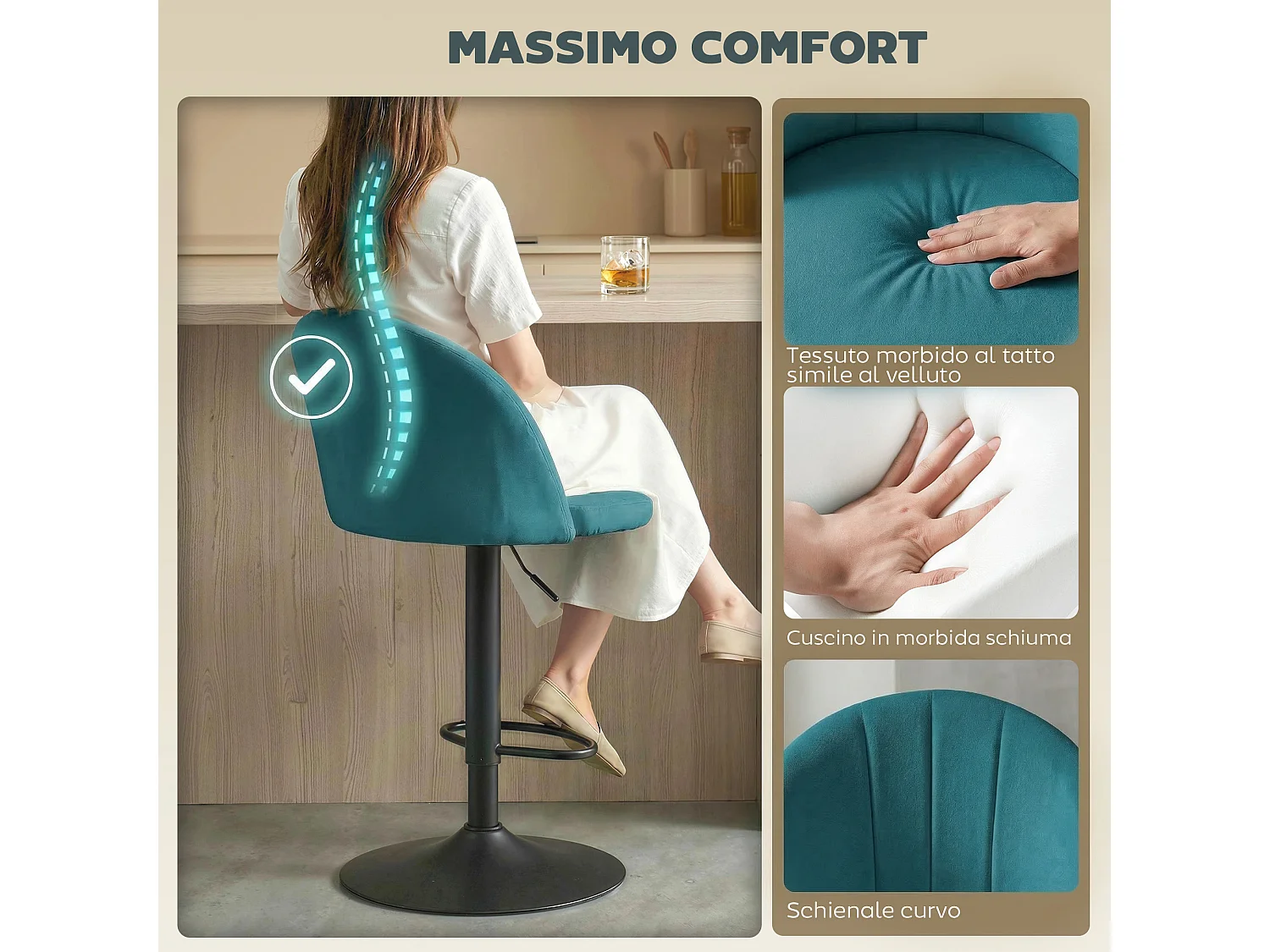 Set di 2 sgabelli bar girevoli velluto blu