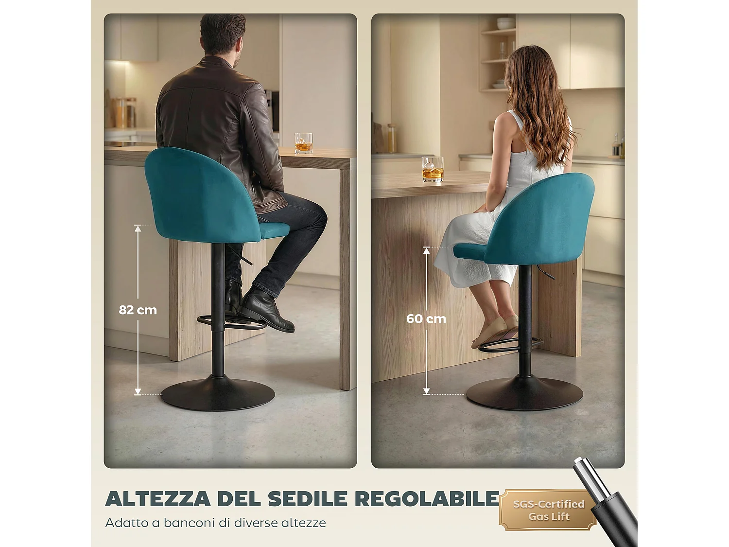 Set di 2 sgabelli bar girevoli velluto blu