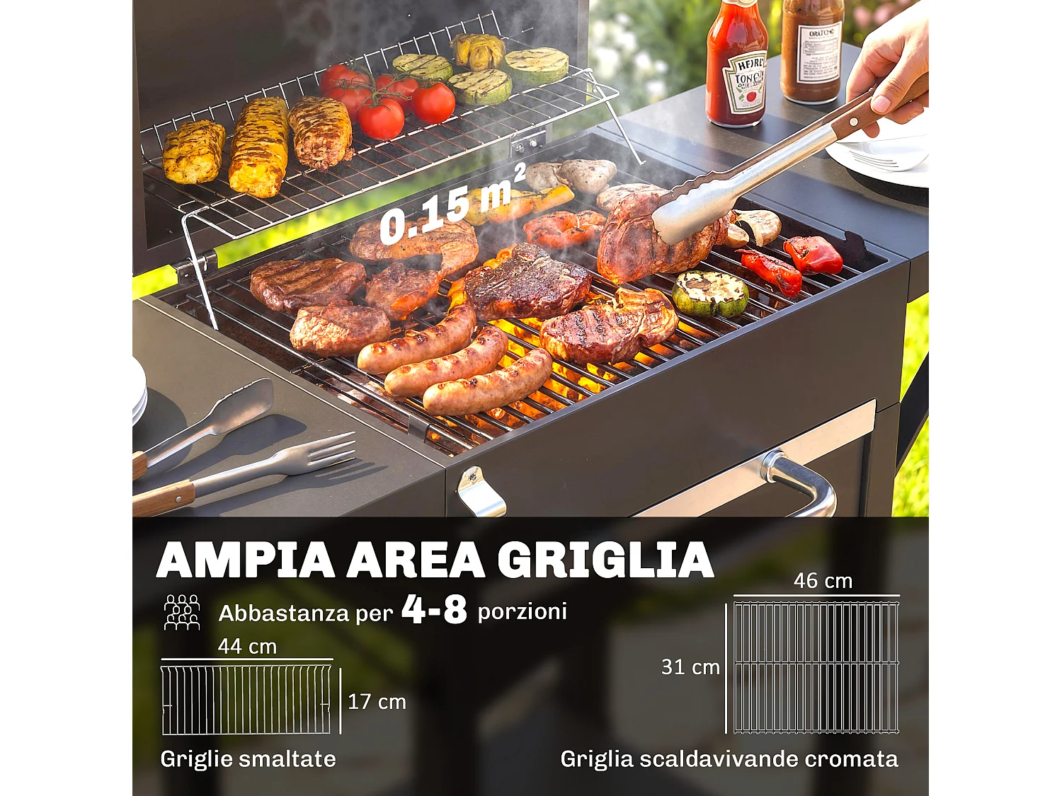 Barbecue a carbone a rotelle con 2 ripiani laterali e vassoio nero