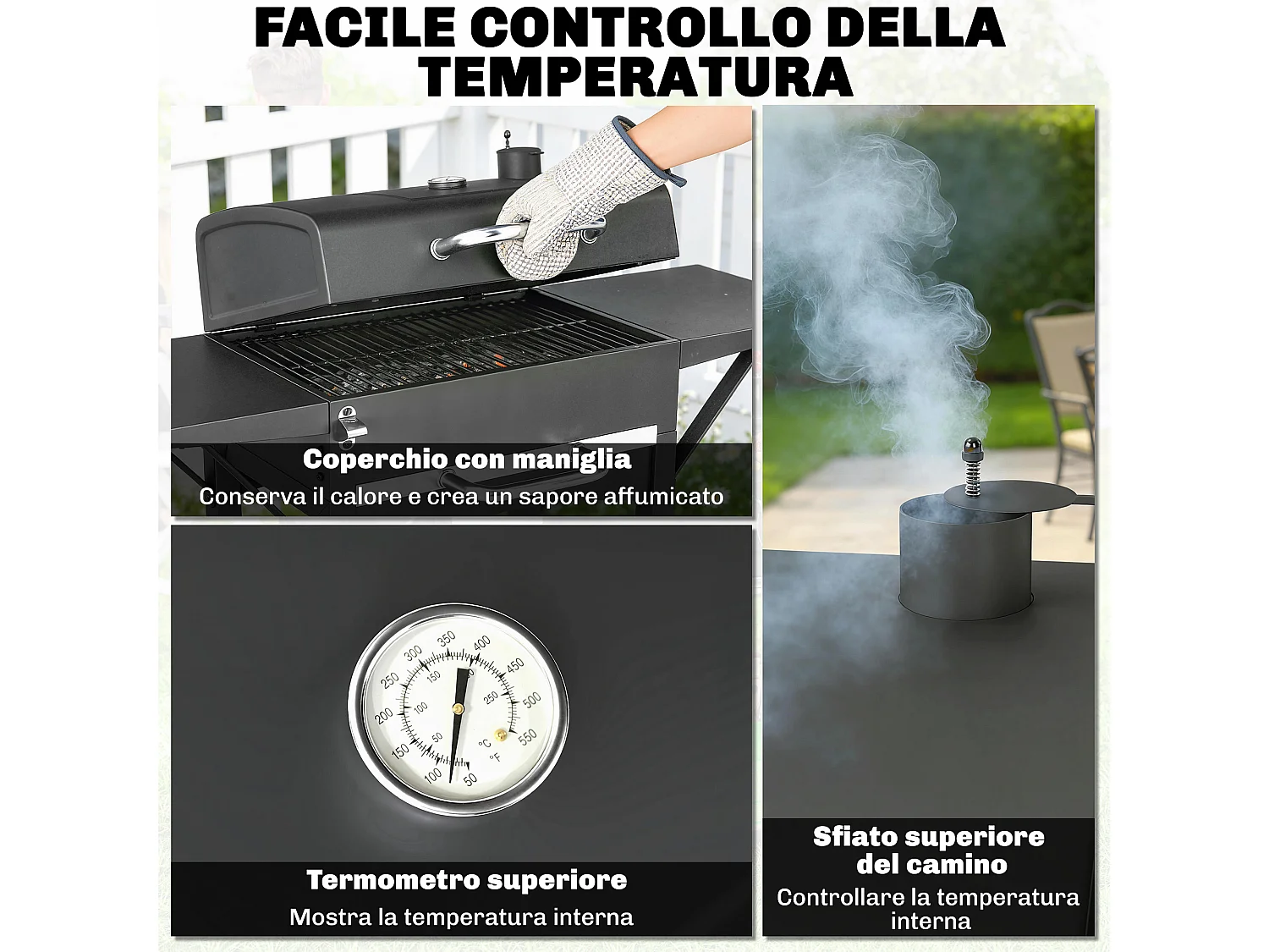 Barbecue a carbone a rotelle con 2 ripiani laterali e vassoio nero
