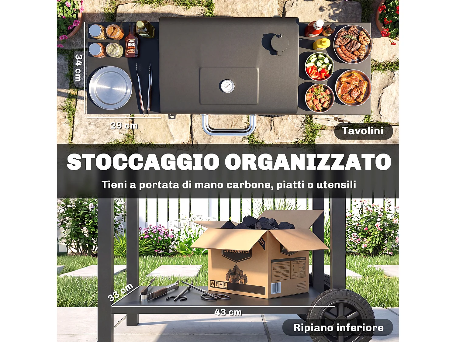 Barbecue a carbone a rotelle con 2 ripiani laterali e vassoio nero
