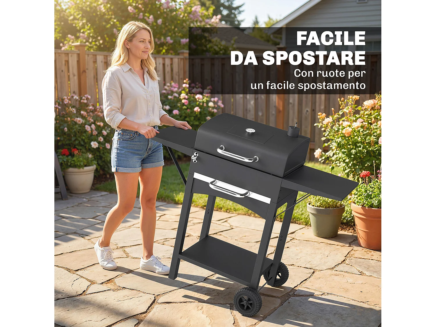 Barbecue a carbone a rotelle con 2 ripiani laterali e vassoio nero