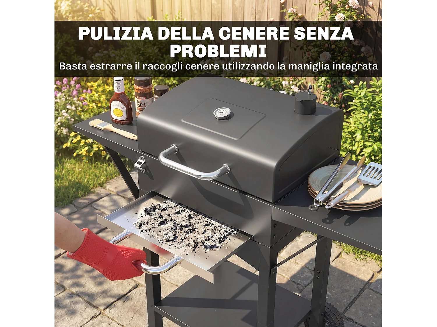 Barbecue a carbone a rotelle con 2 ripiani laterali e vassoio nero