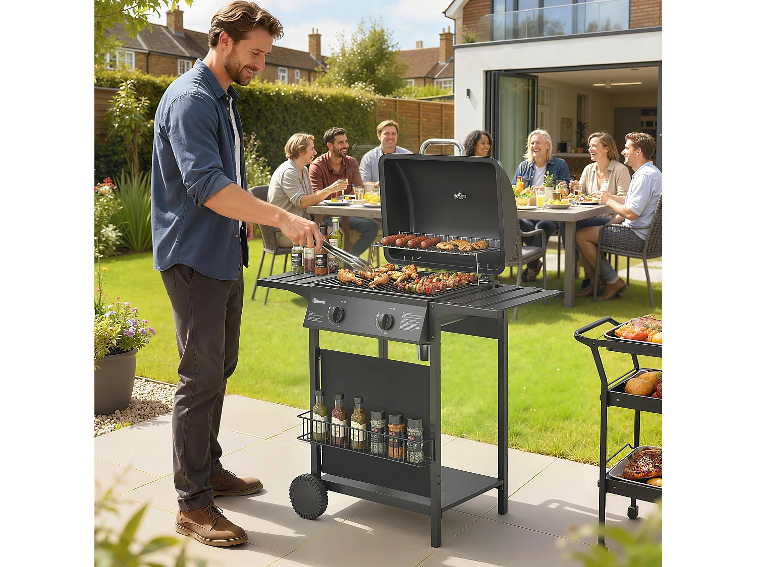 Barbecue a gas con 2 bruciatori e tavolini laterali nero