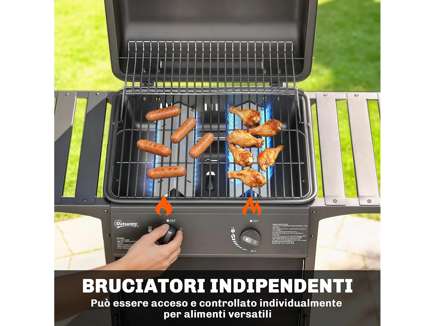 Barbecue a gas con 2 bruciatori e tavolini laterali nero