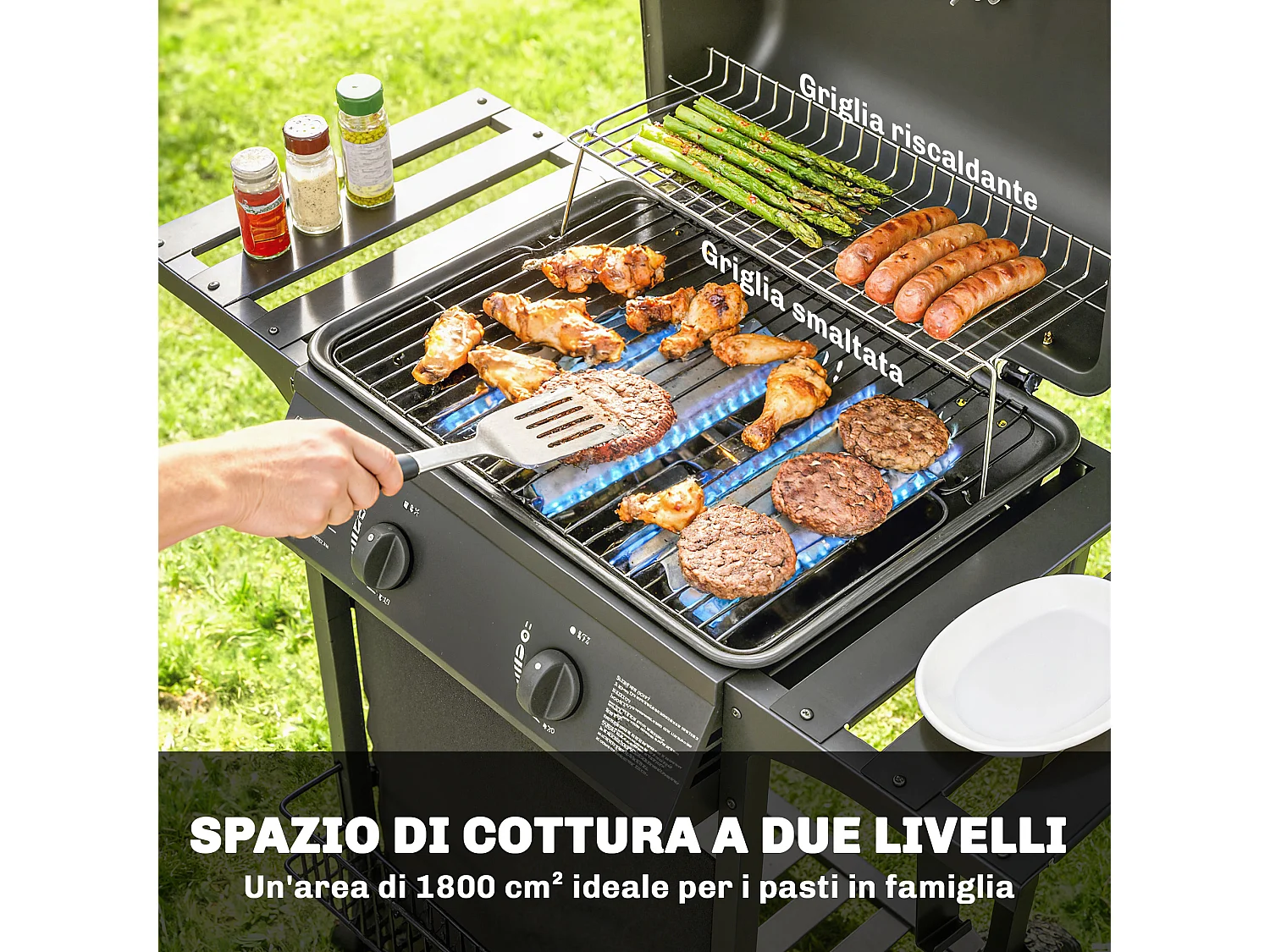 Barbecue a gas con 2 bruciatori e tavolini laterali nero