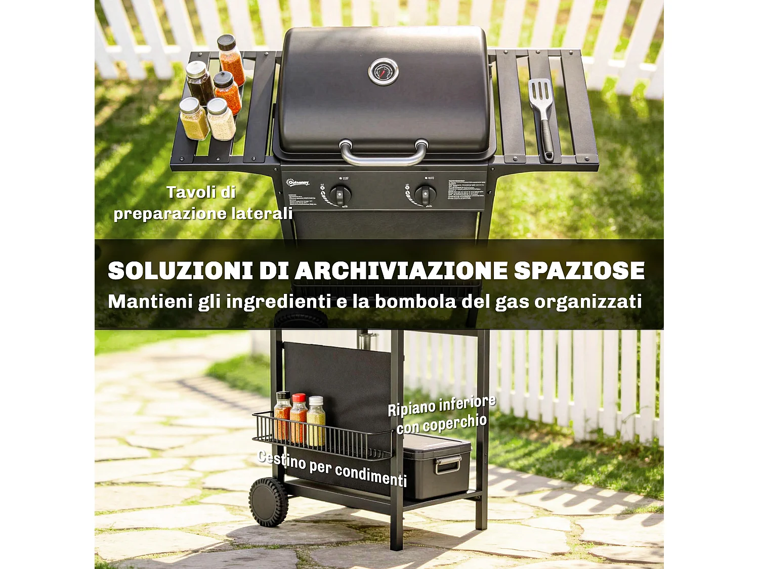 Barbecue a gas con 2 bruciatori e tavolini laterali nero