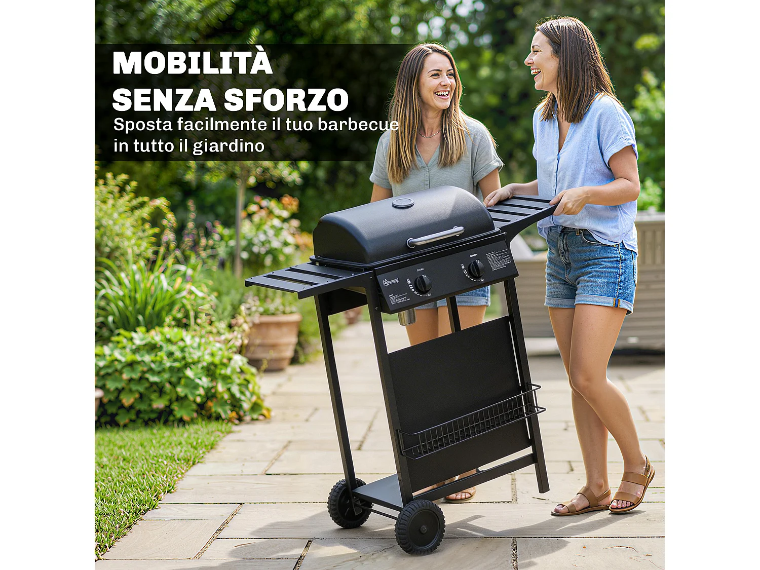 Barbecue a gas con 2 bruciatori e tavolini laterali nero