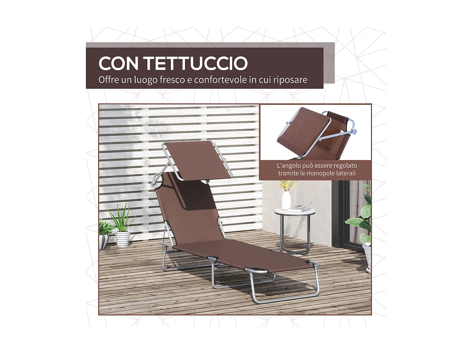 Lettino prendisole da giardino pieghevole con tettuccio marrone