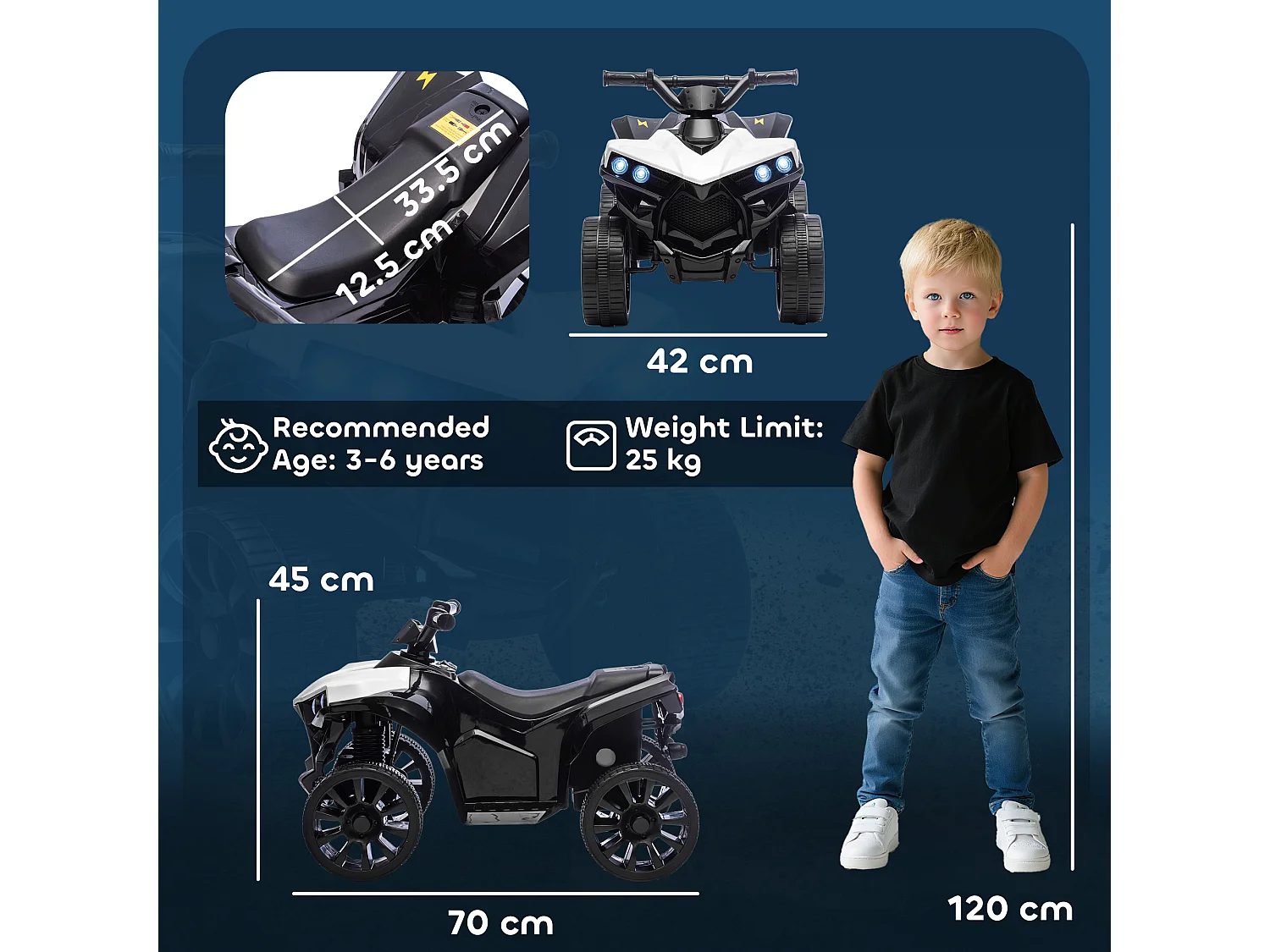 Quad elettrico per bambini 3-6 anni con luci e musica bianco