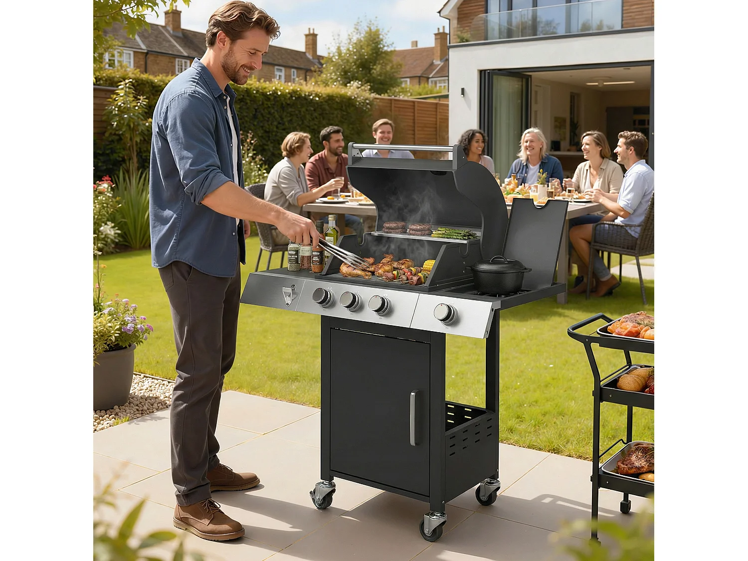 Barbecue a gas 3 fuochi con griglie in ghisa nero