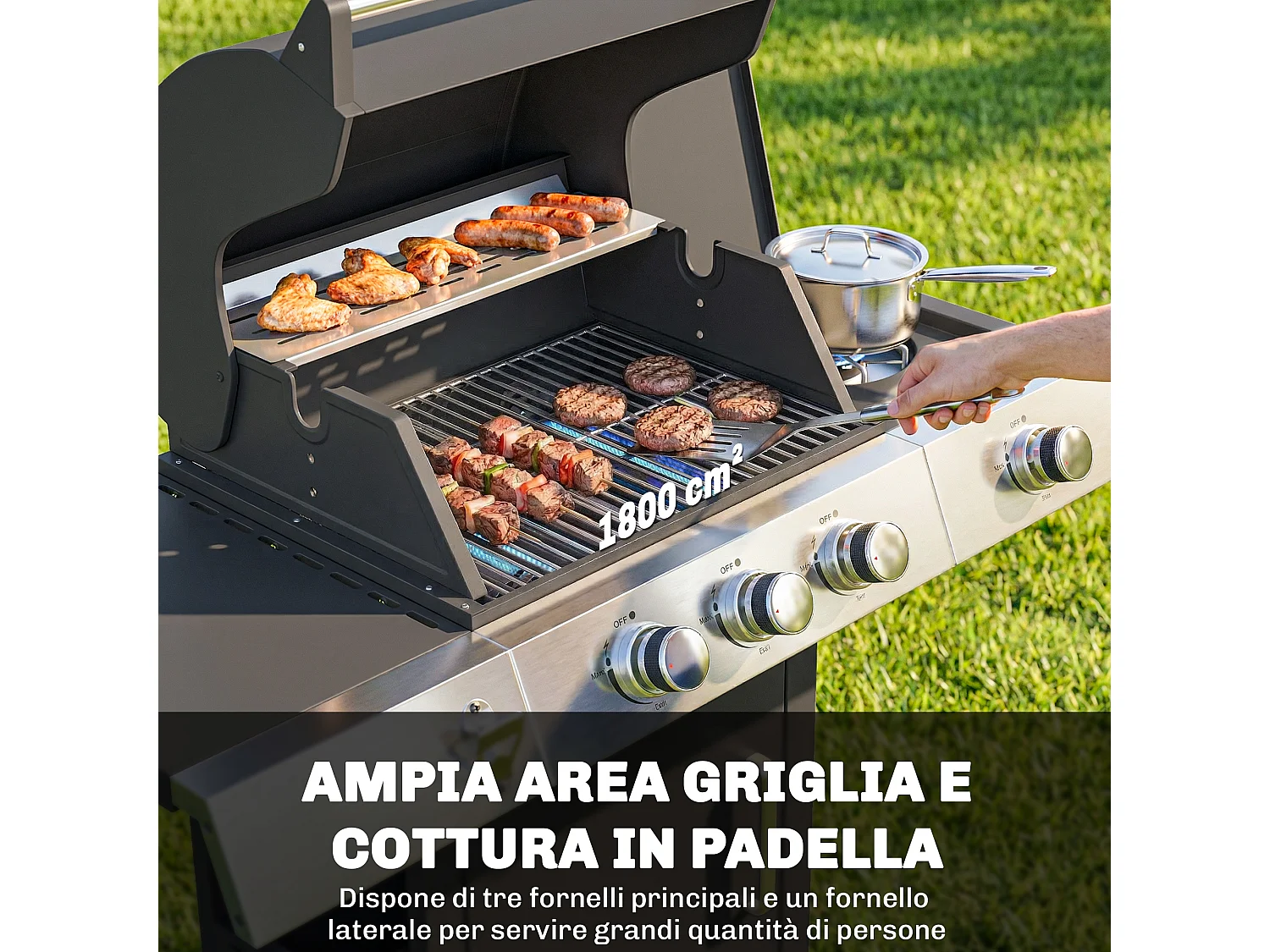 Barbecue a gas 3 fuochi con griglie in ghisa nero