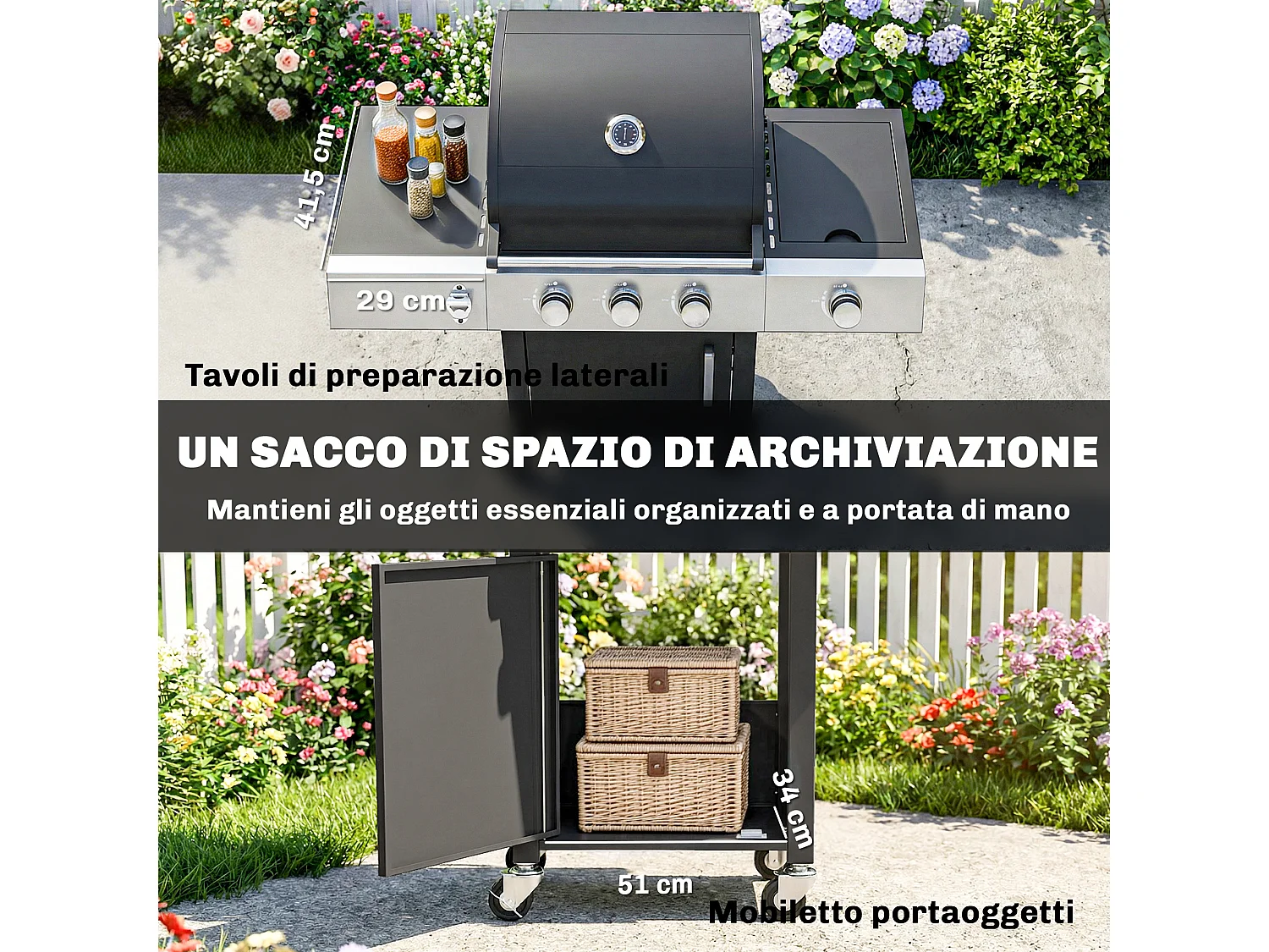 Barbecue a gas 3 fuochi con griglie in ghisa nero