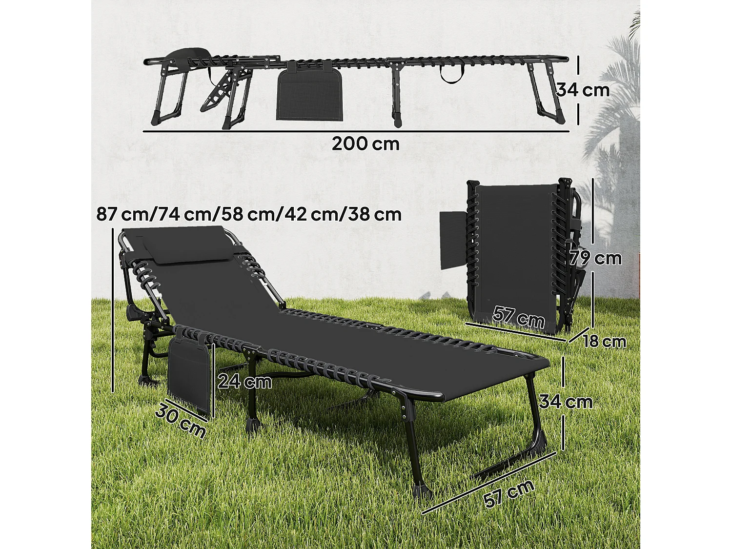 Set 2 lettini prendisole reclinabili su 5 livelli nero