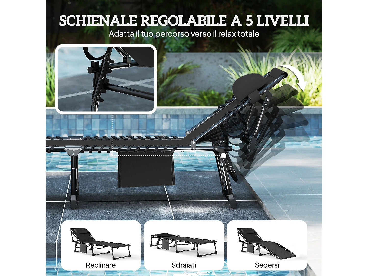 Set 2 lettini prendisole reclinabili su 5 livelli nero
