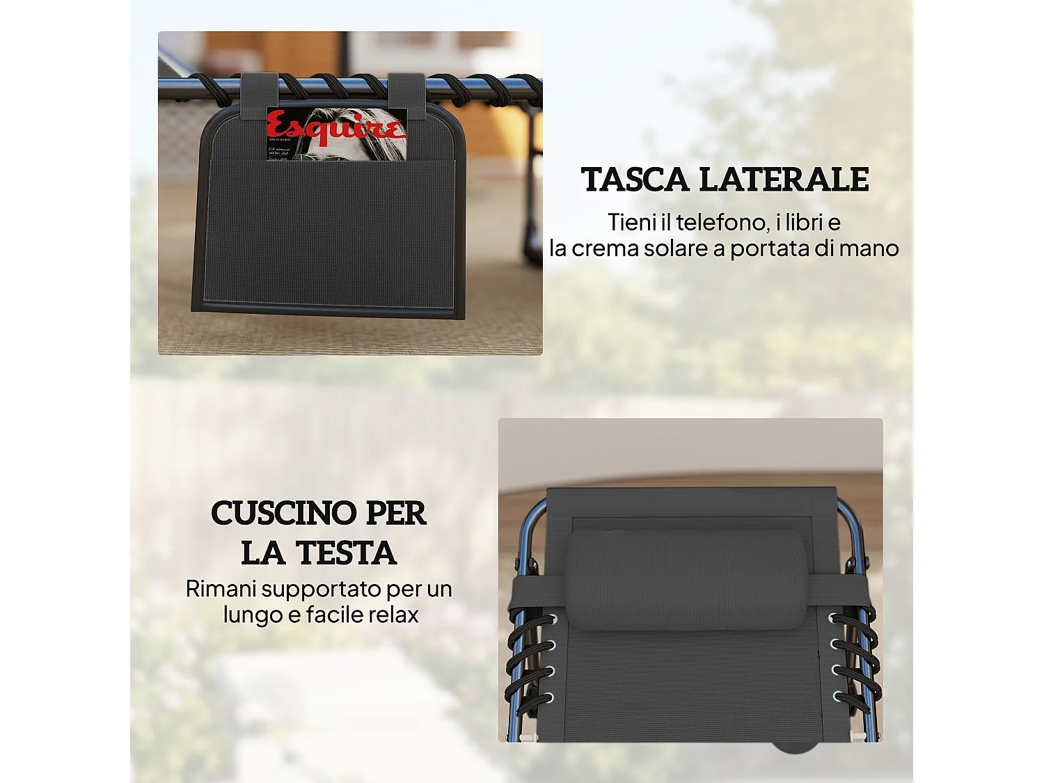 Set 2 lettini prendisole reclinabili su 5 livelli nero