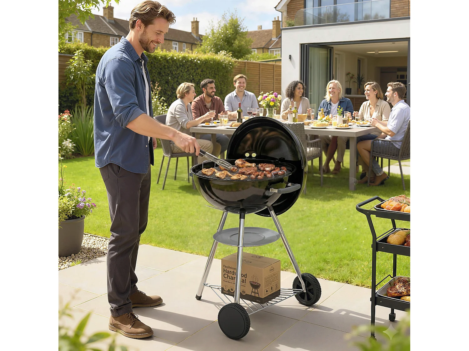 Barbecue portatile a carbone con coperchio in metallo nero