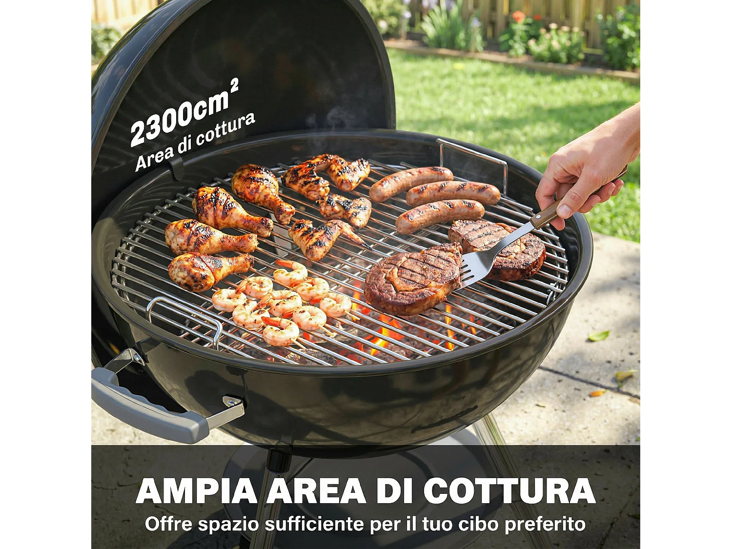 Barbecue portatile a carbone con coperchio in metallo nero