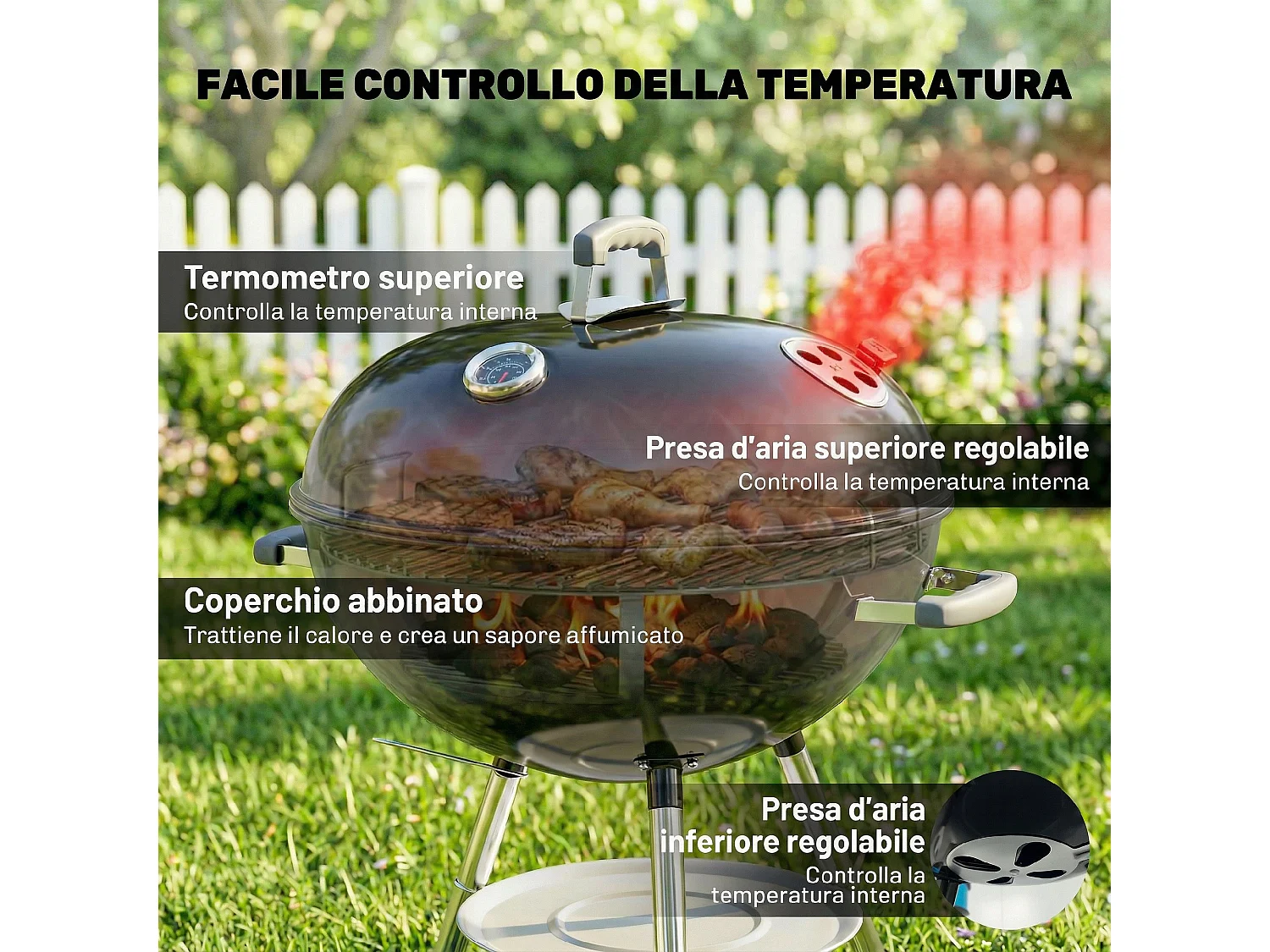 Barbecue portatile a carbone con coperchio in metallo nero