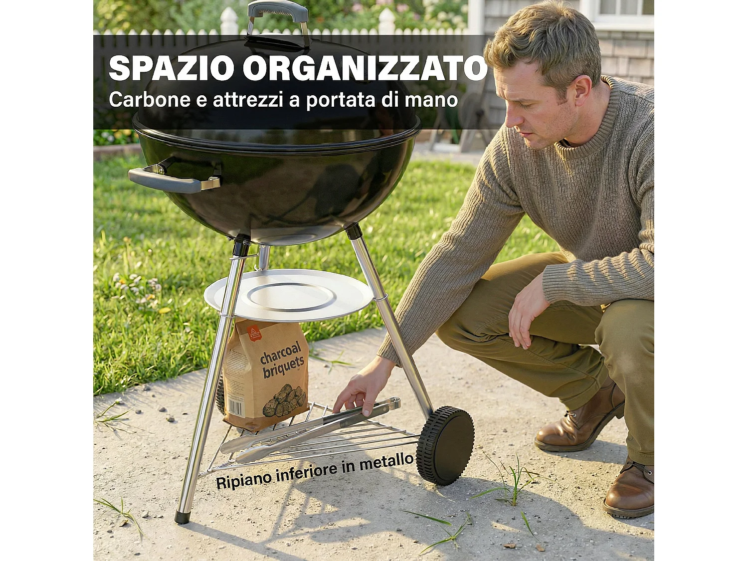 Barbecue portatile a carbone con coperchio in metallo nero