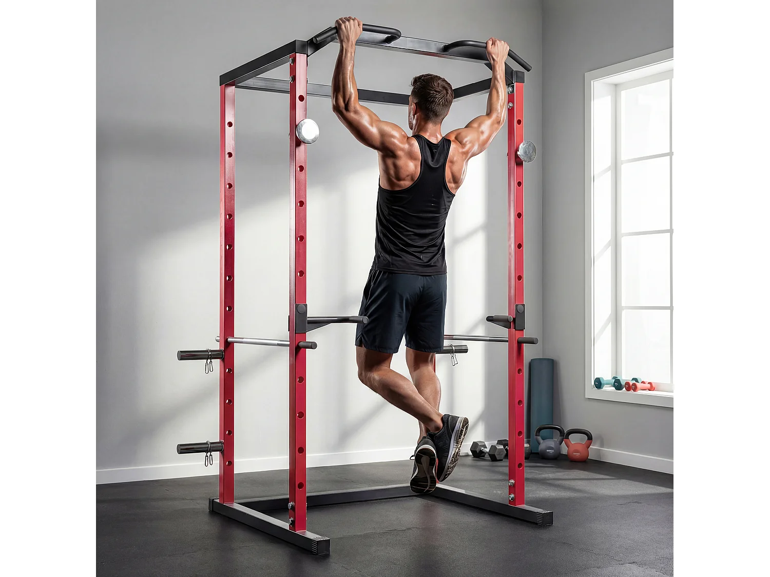 Power cage rack squat regolabile con barra trazioni in acciaio nero