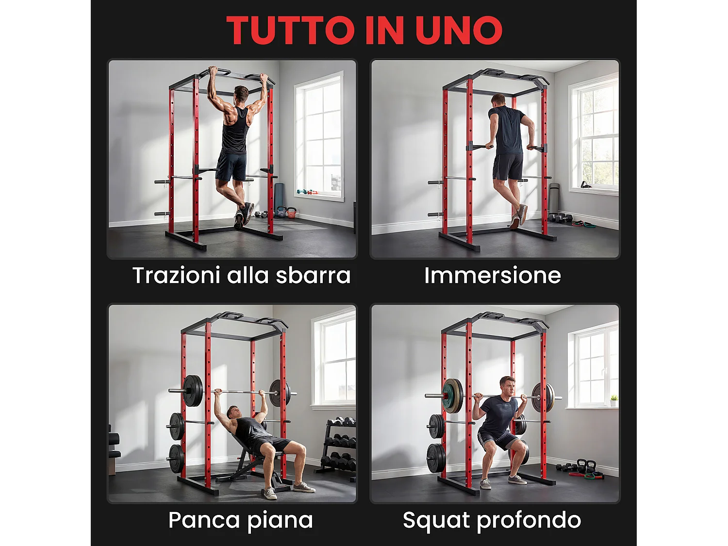 Power cage rack squat regolabile con barra trazioni in acciaio nero