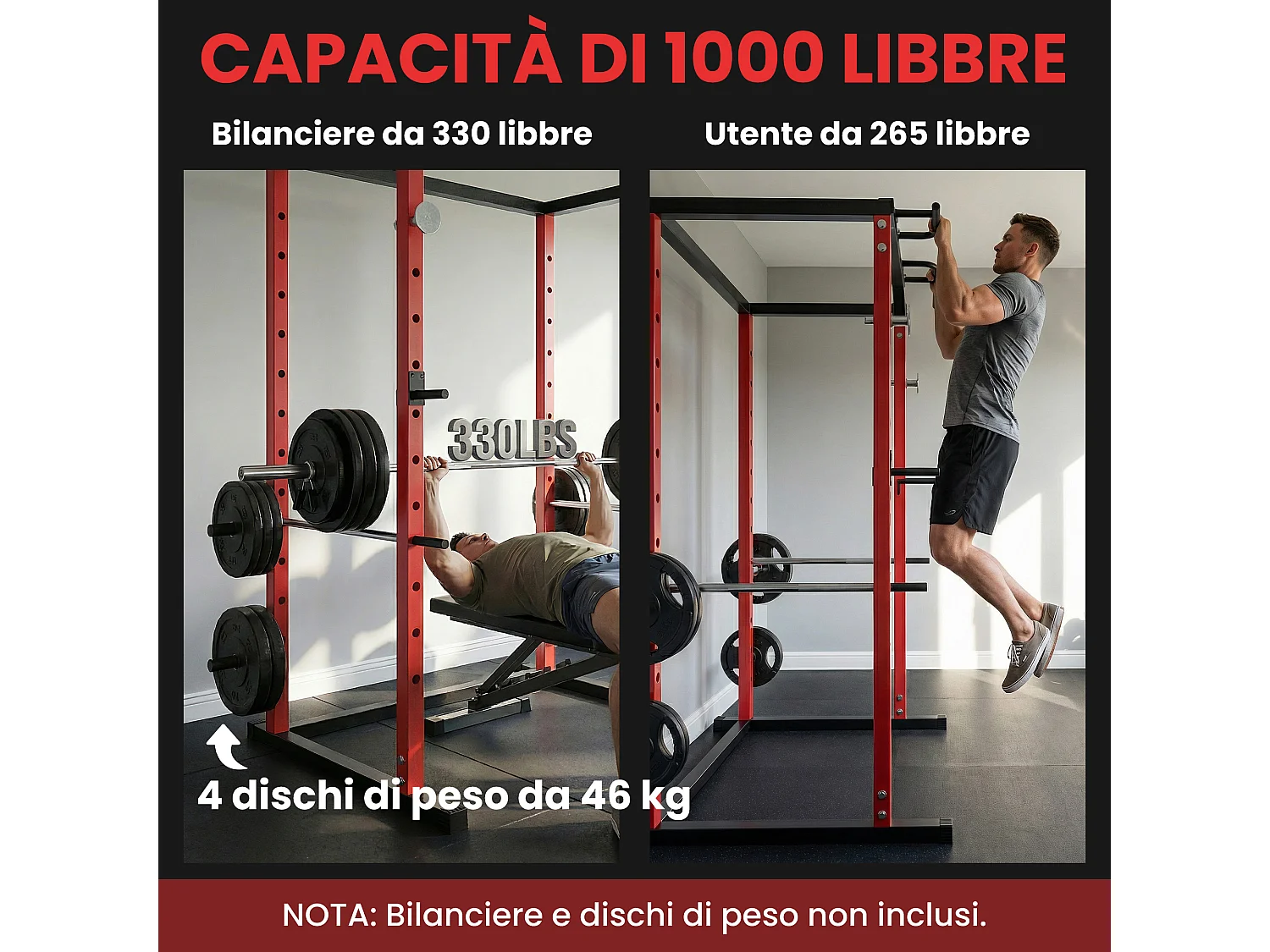 Power cage rack squat regolabile con barra trazioni in acciaio nero