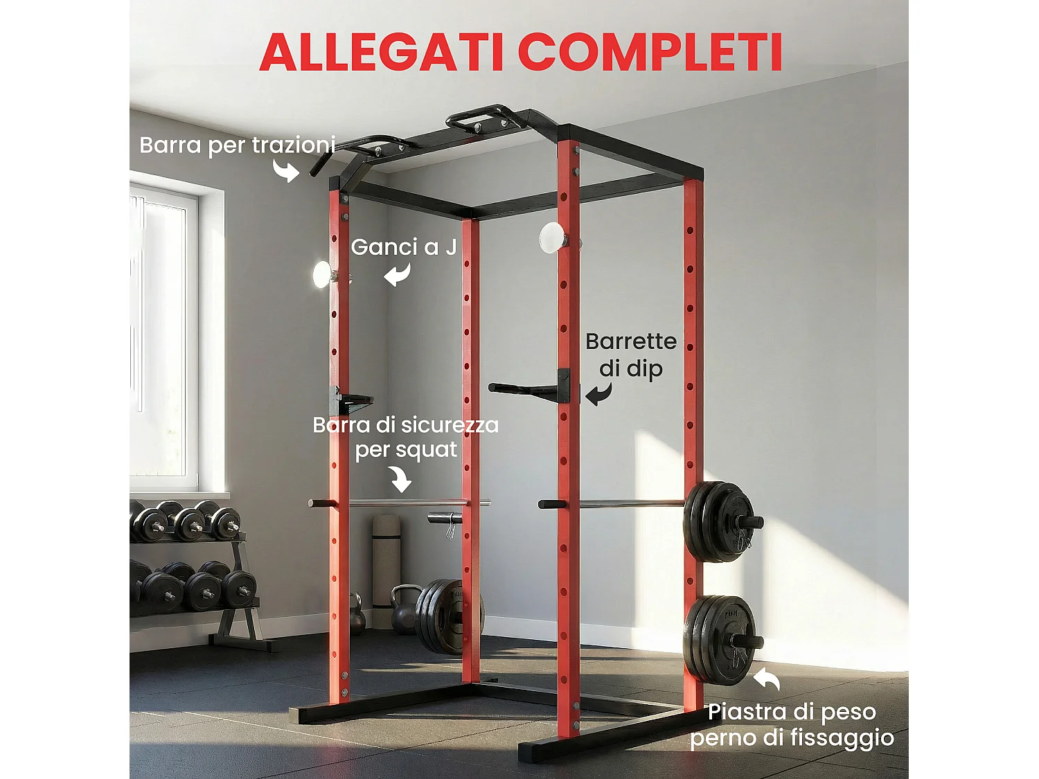 Power cage rack squat regolabile con barra trazioni in acciaio nero