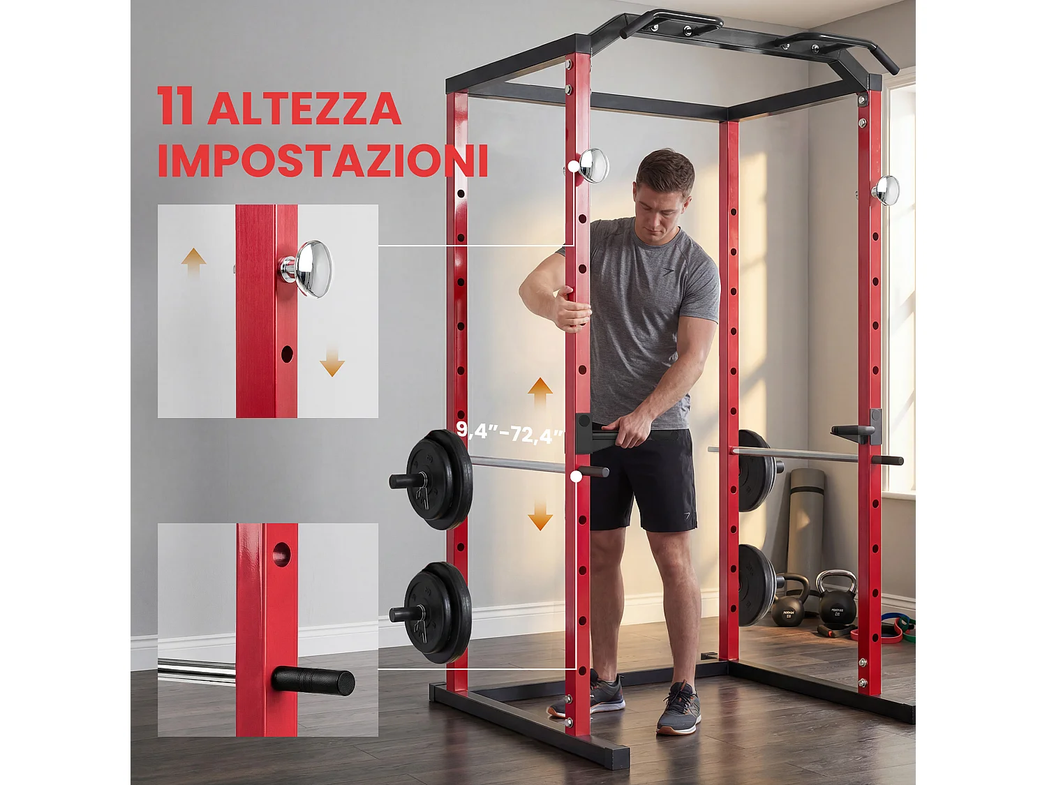 Power cage rack squat regolabile con barra trazioni in acciaio nero