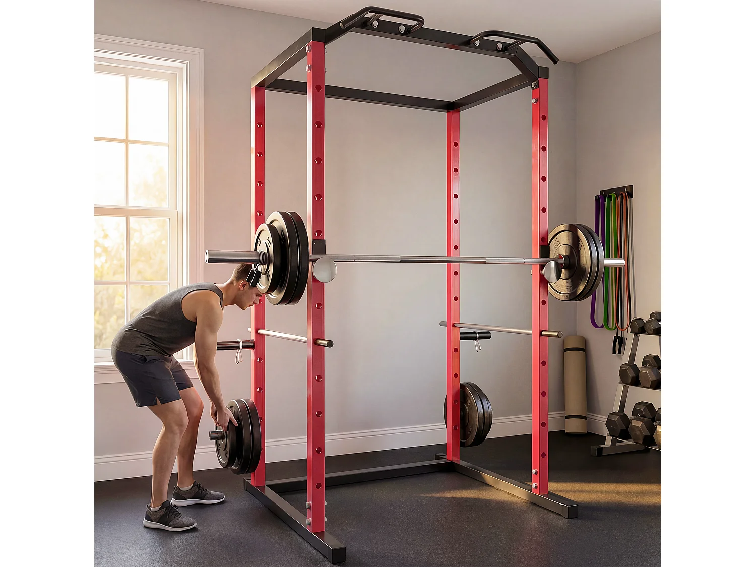 Power cage rack squat regolabile con barra trazioni in acciaio nero