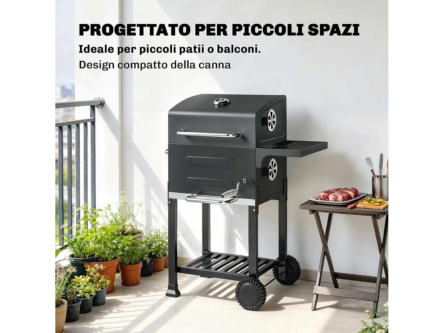 Barbecue a carbone con termometro in metallo nero