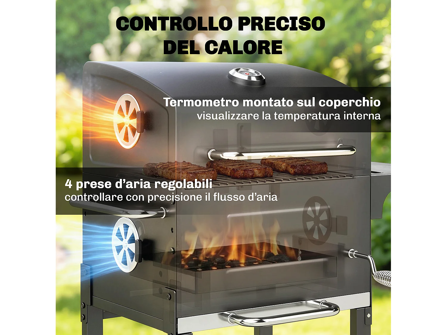 Barbecue a carbone con termometro in metallo nero