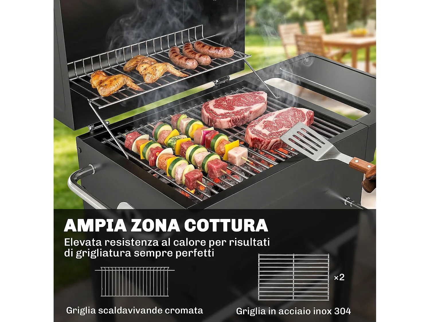 Barbecue a carbone con termometro in metallo nero