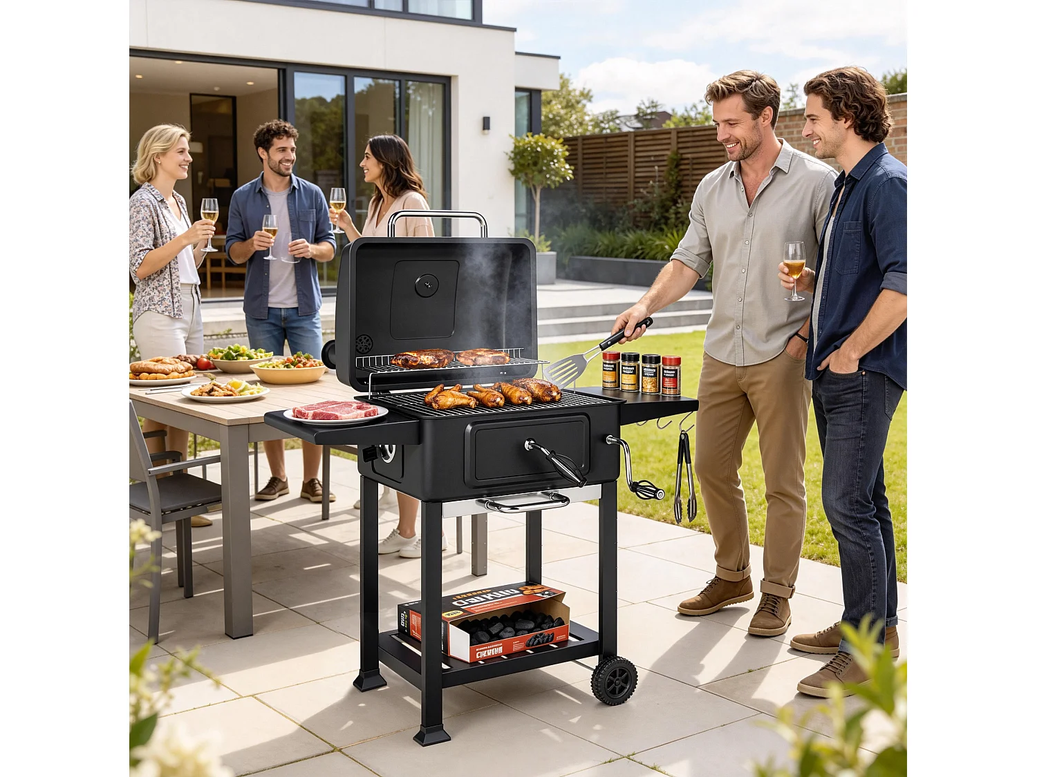 Barbecue a carbone con smoker e ruote in metallo nero