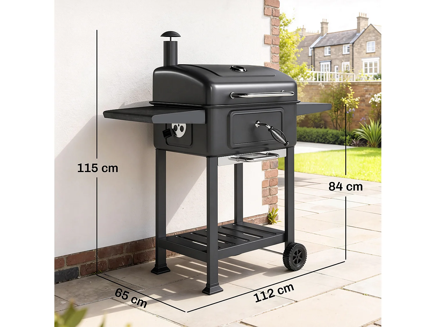 Barbecue a carbone con smoker e ruote in metallo nero