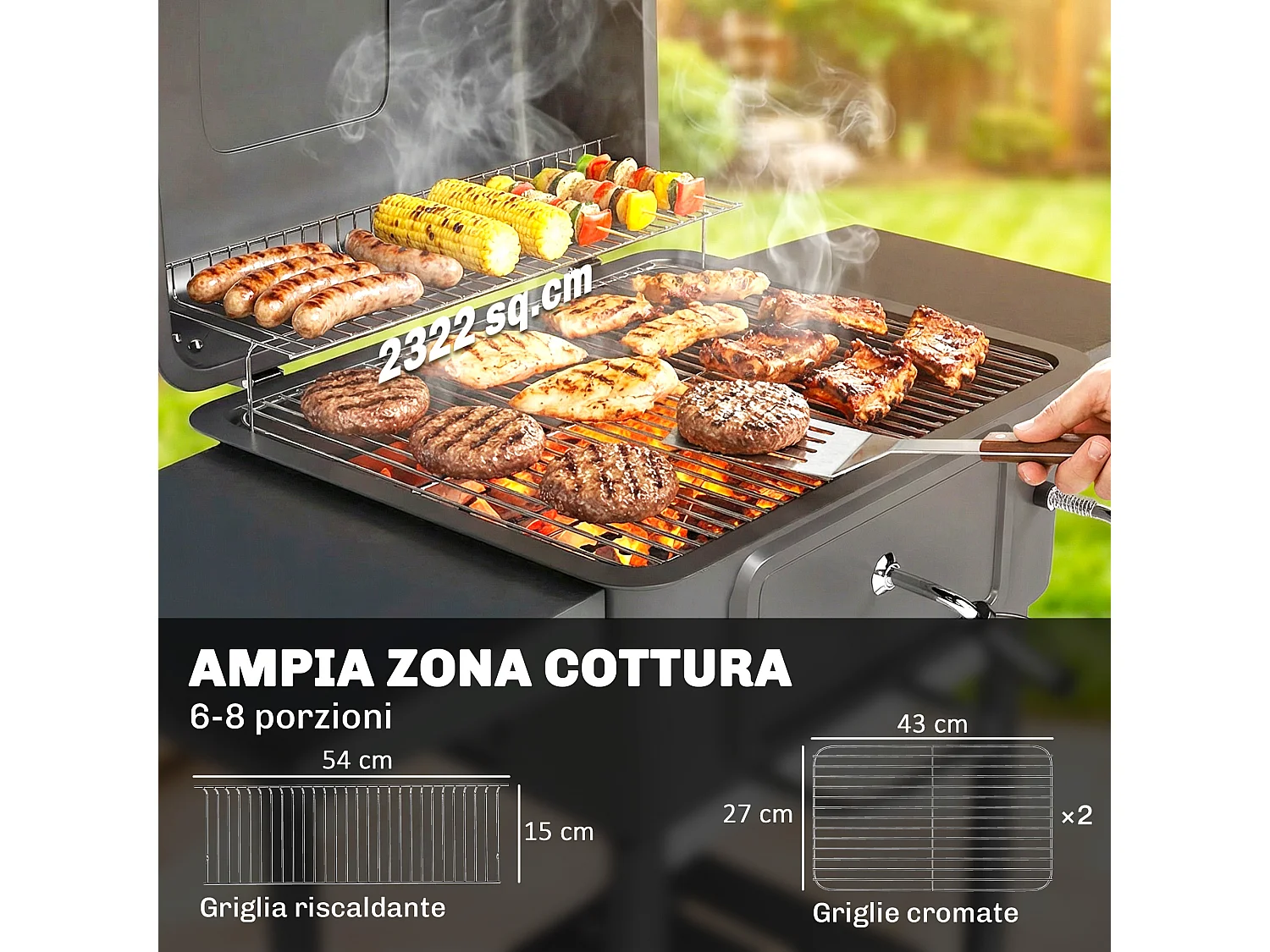 Barbecue a carbone con smoker e ruote in metallo nero