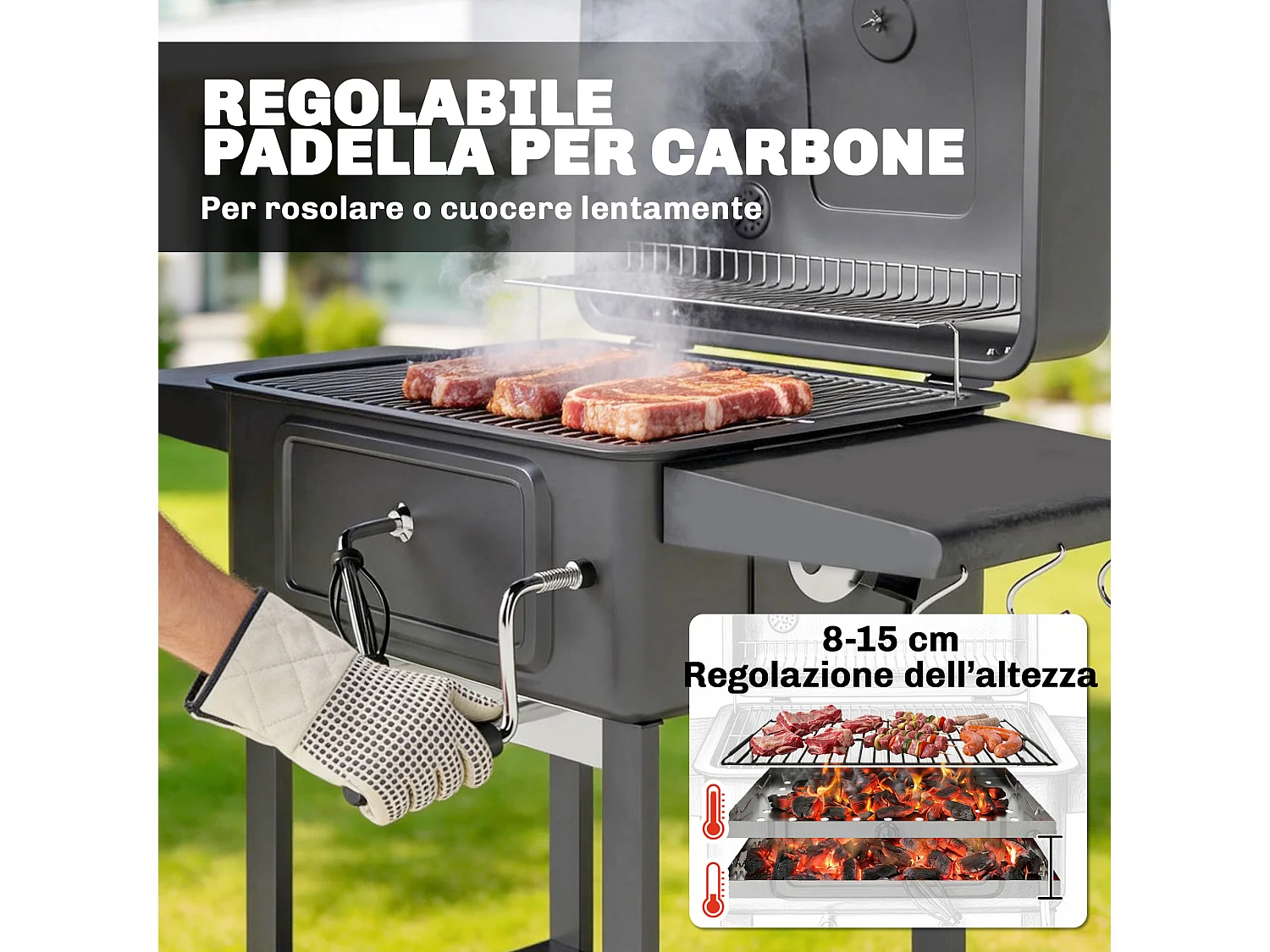 Barbecue a carbone con smoker e ruote in metallo nero