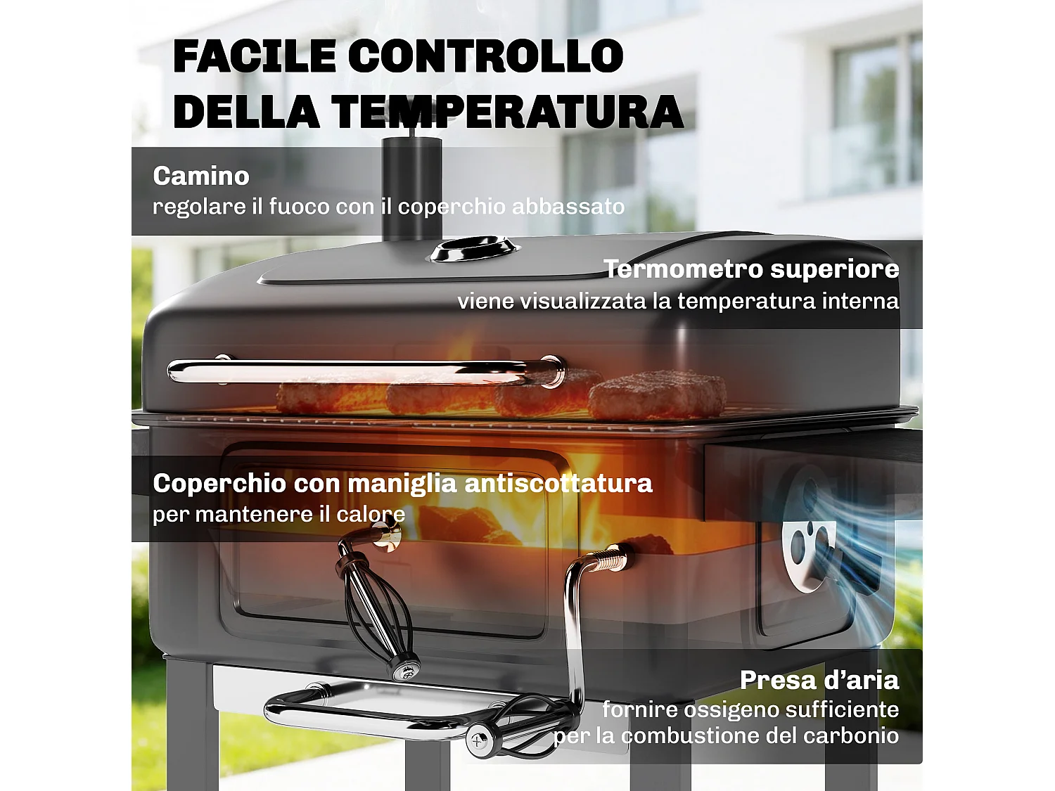 Barbecue a carbone con smoker e ruote in metallo nero