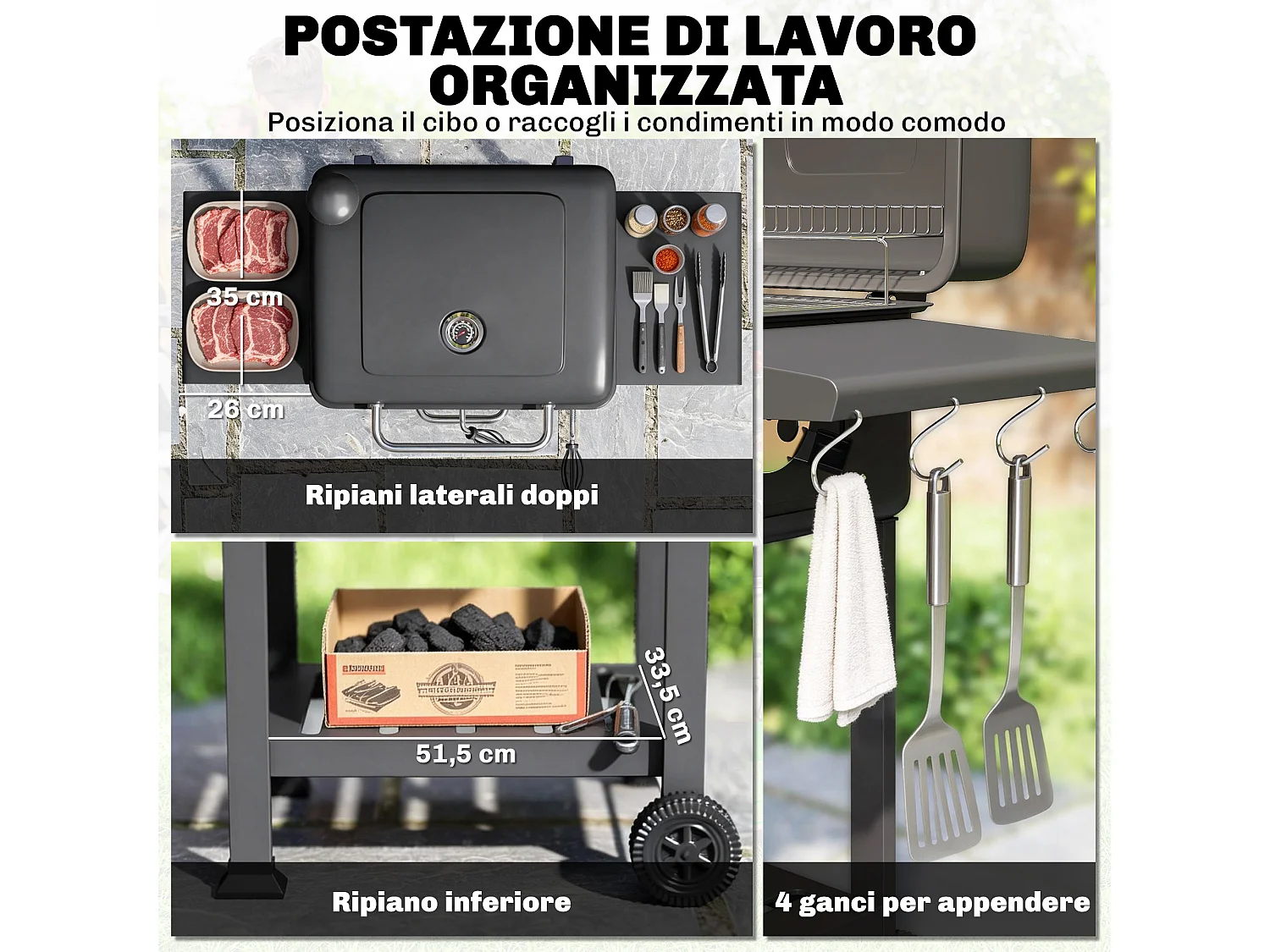 Barbecue a carbone con smoker e ruote in metallo nero