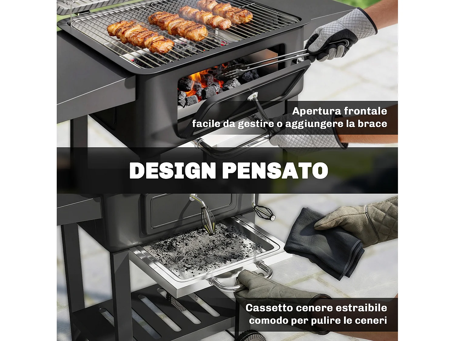 Barbecue a carbone con smoker e ruote in metallo nero