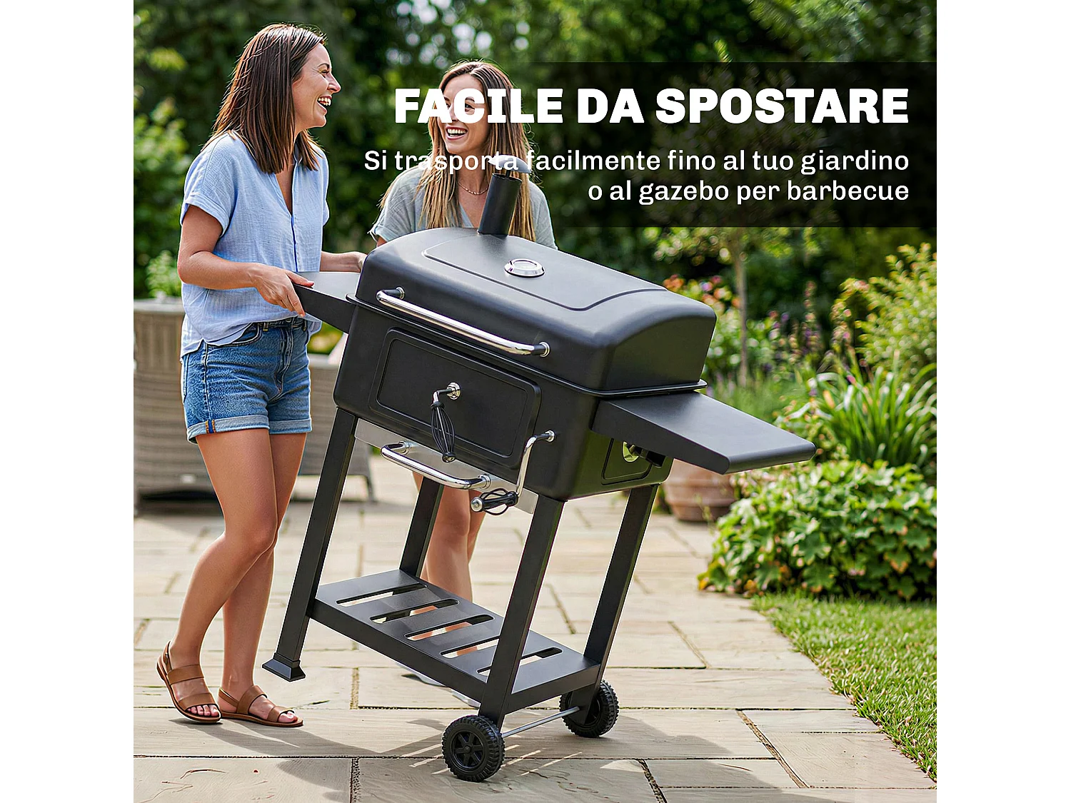 Barbecue a carbone con smoker e ruote in metallo nero