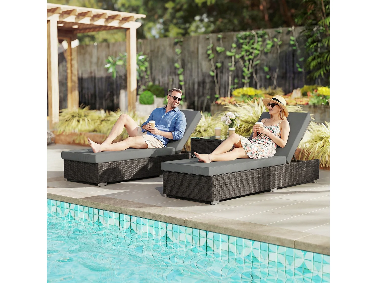 Set 2 sdraio giardino con tavolino laterale grigio scuro