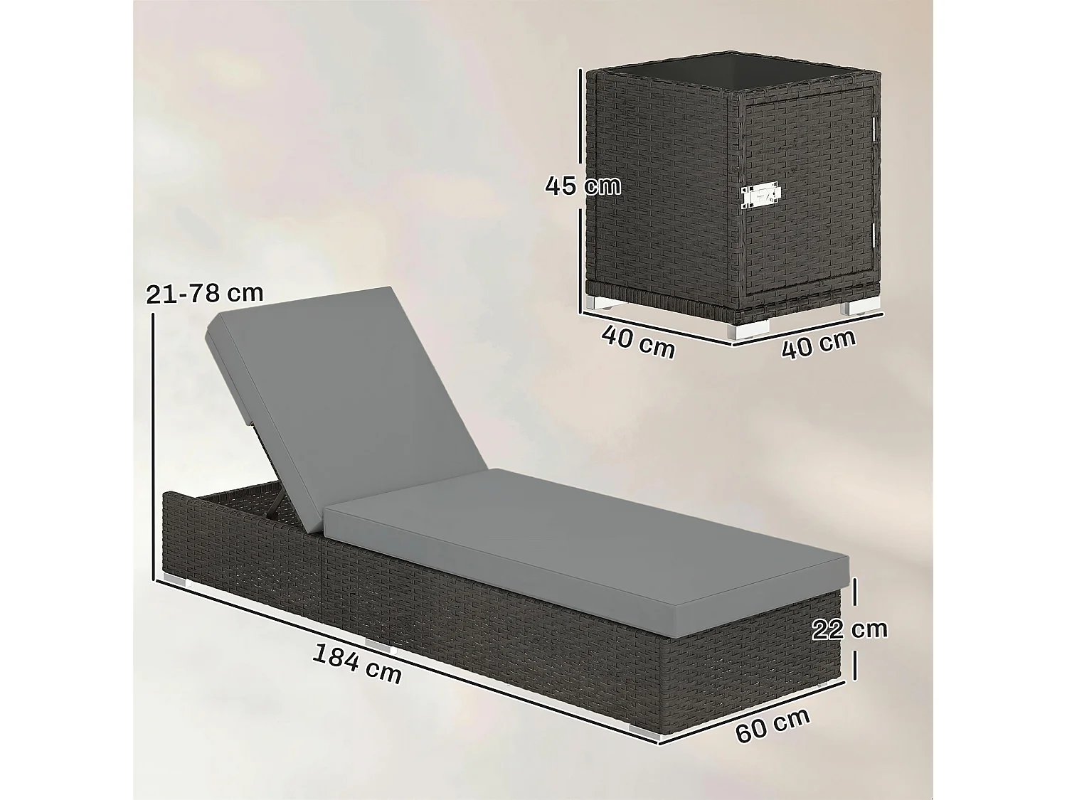 Set 2 sdraio giardino con tavolino laterale grigio scuro