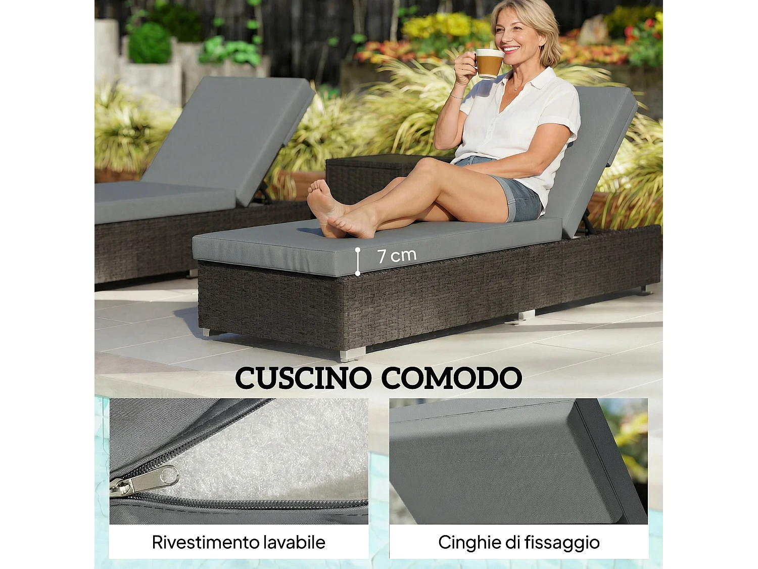 Set 2 sdraio giardino con tavolino laterale grigio scuro